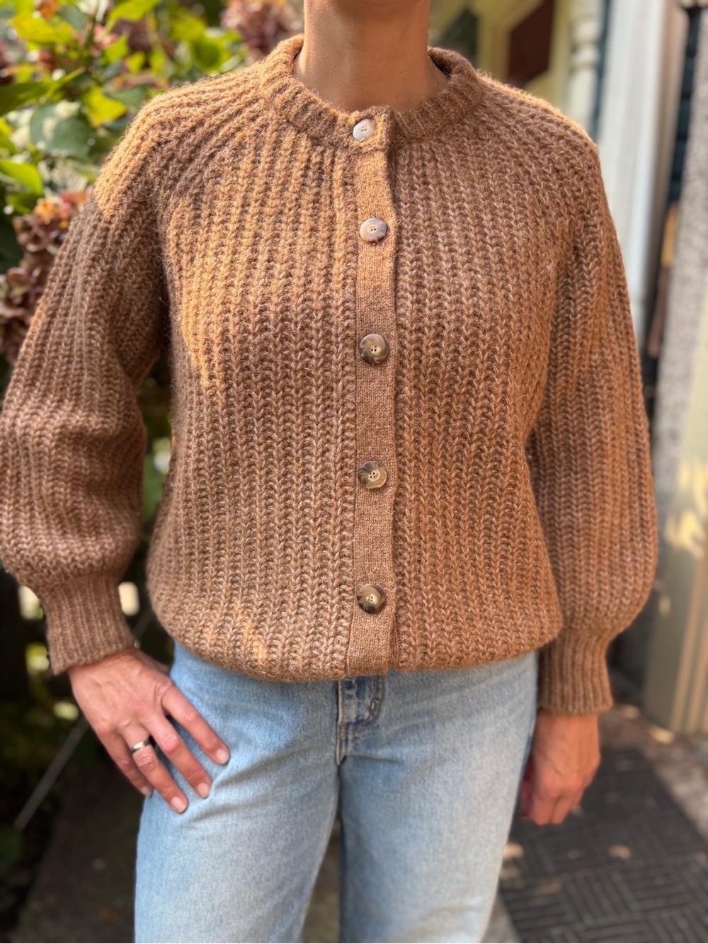 Sezane Ribbed Button-Front Cardigan in Warm Camel Brown